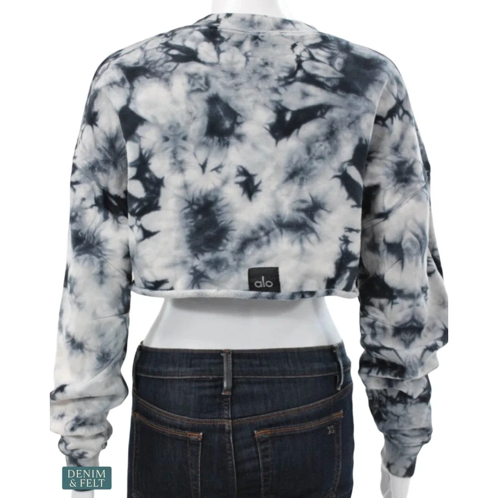 Alo‎ Yoga Tie Dye Extreme Crop Crewneck Sweatshirt Black White Cropped Pullover